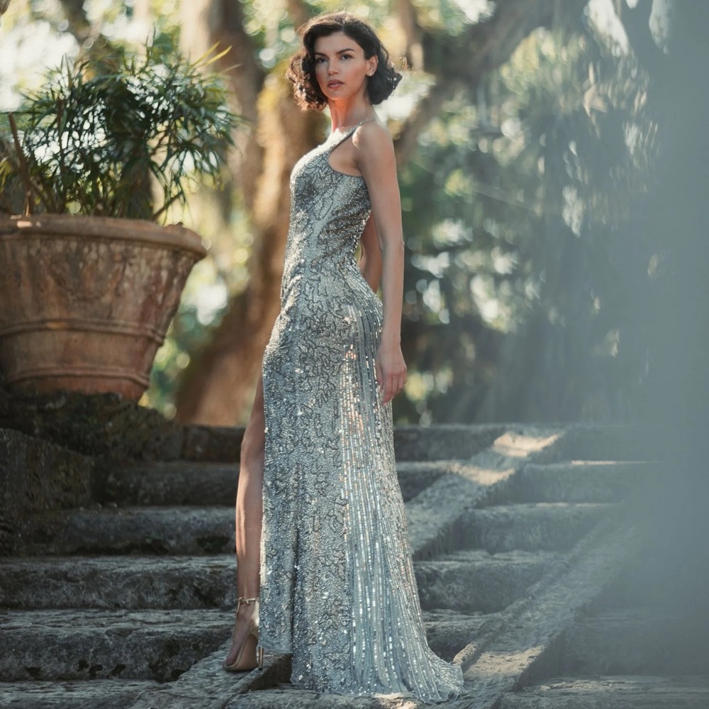 Mac Duggal Glittering Silver Midi Dress